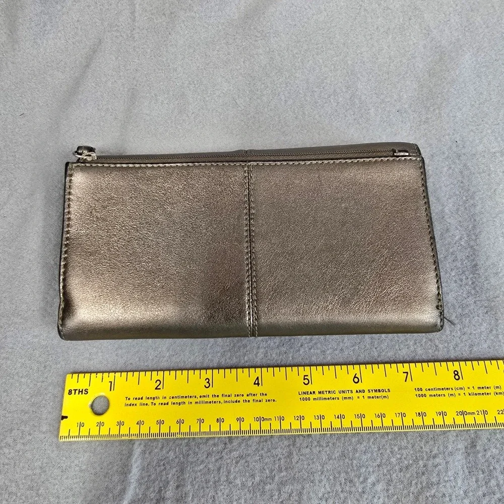 Coach Metallic Bronze Leather Pleated Trifold Wallet Snap Closure 12 Card Slots